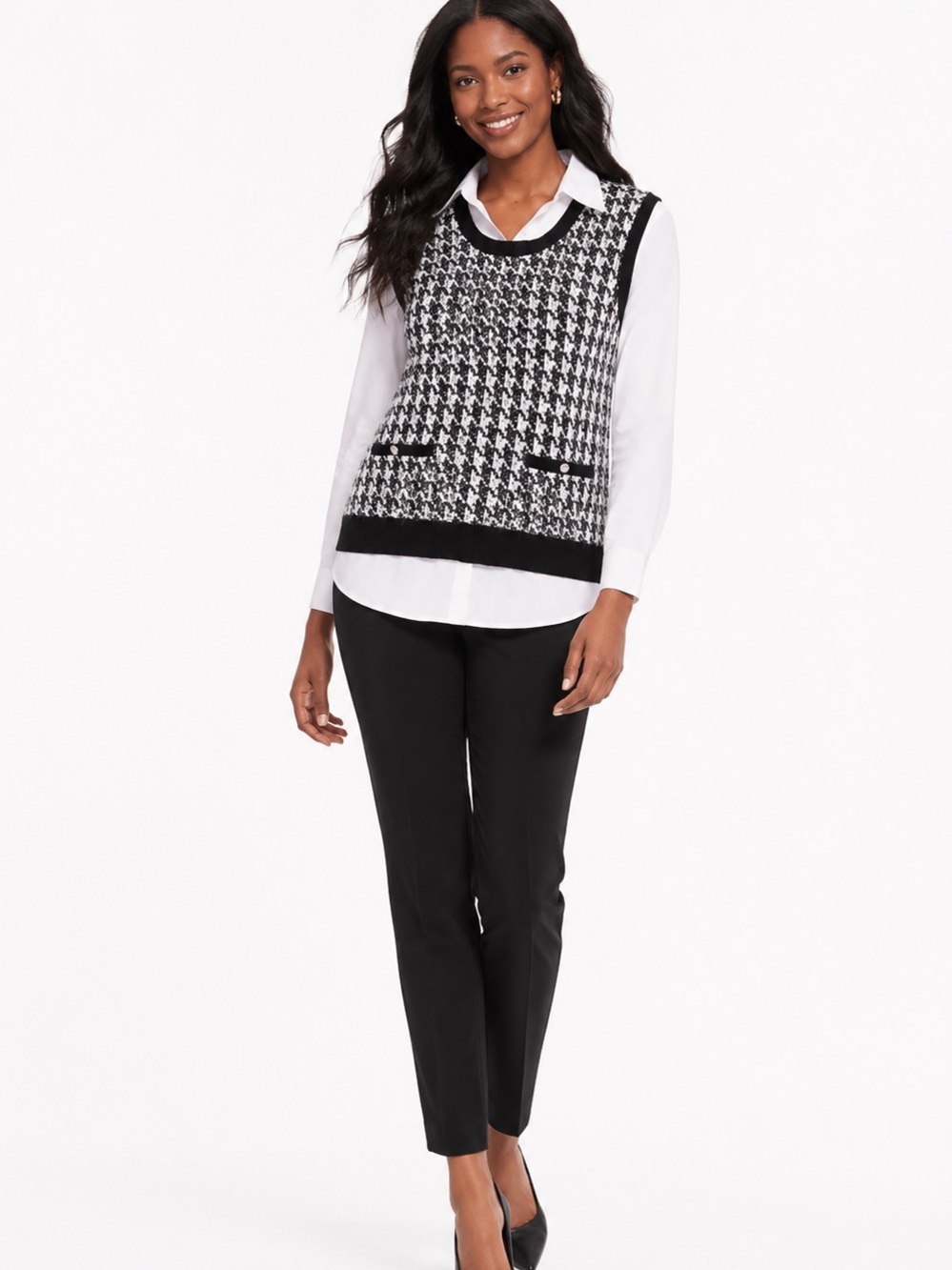 Alfred Dunner M Black White Houndstooth Sweater Vest Layered NWT